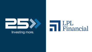 Brand collage: left side shows '25 Investing more' logo on dark blue; right side shows LPL Financial wordmark with graphic mark on white background, side-by-side corporate logos.