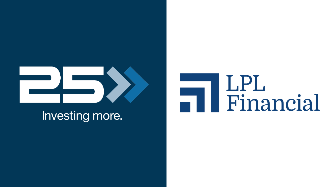 Brand collage: left side shows '25 Investing more' logo on dark blue; right side shows LPL Financial wordmark with graphic mark on white background, side-by-side corporate logos.