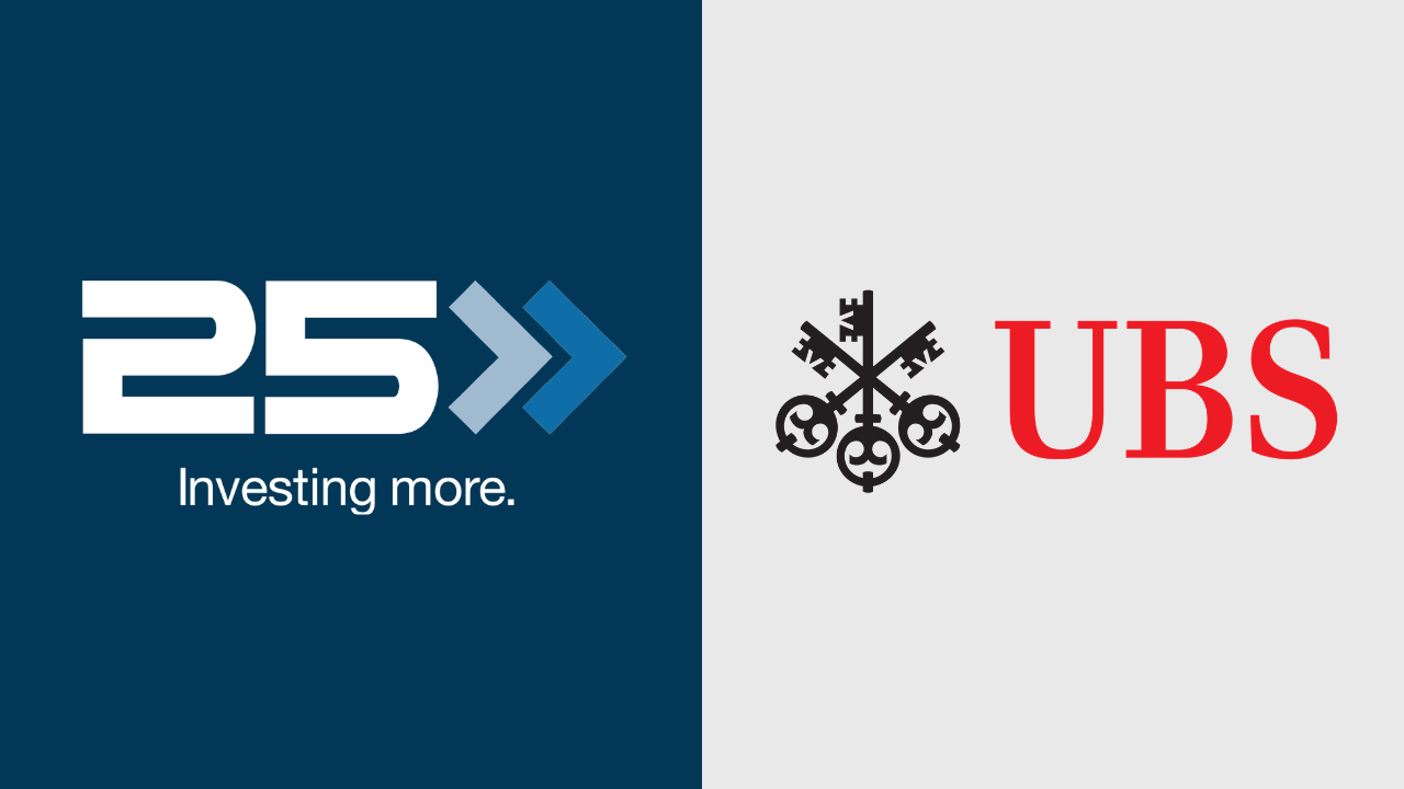 Split-screen logos: left dark blue with '25' and arrows and the slogan 'Investing more,' right light gray with the UBS crest and red 'UBS' text.