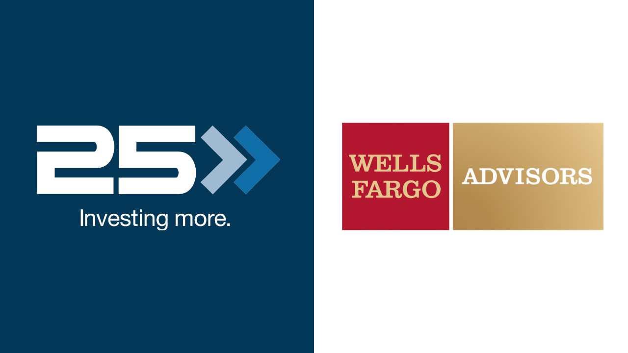 Logo collage featuring '25 Investing more' on a dark blue background beside Wells Fargo Advisors red-and-gold blocks, indicating a partnership.